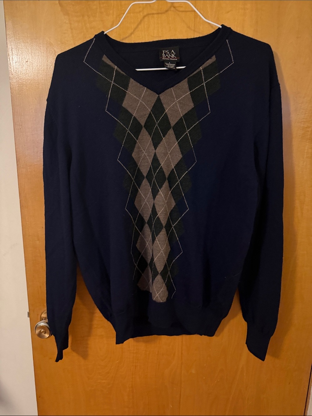 Jos A Banks Navy V-Neck Argyle Sweater with Tan and Dark Green Diamonds